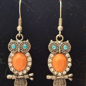 Whimsical Owl Earrings in Orange and Silver